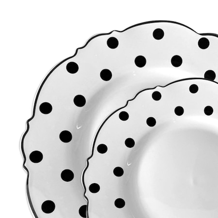 Smarty Had A Party White w/Black Dots Round Blossom Plastic Dinnerware Set (120 Dinner Plates+120 Salad Plates), 240PK 980-B-VP-CASE